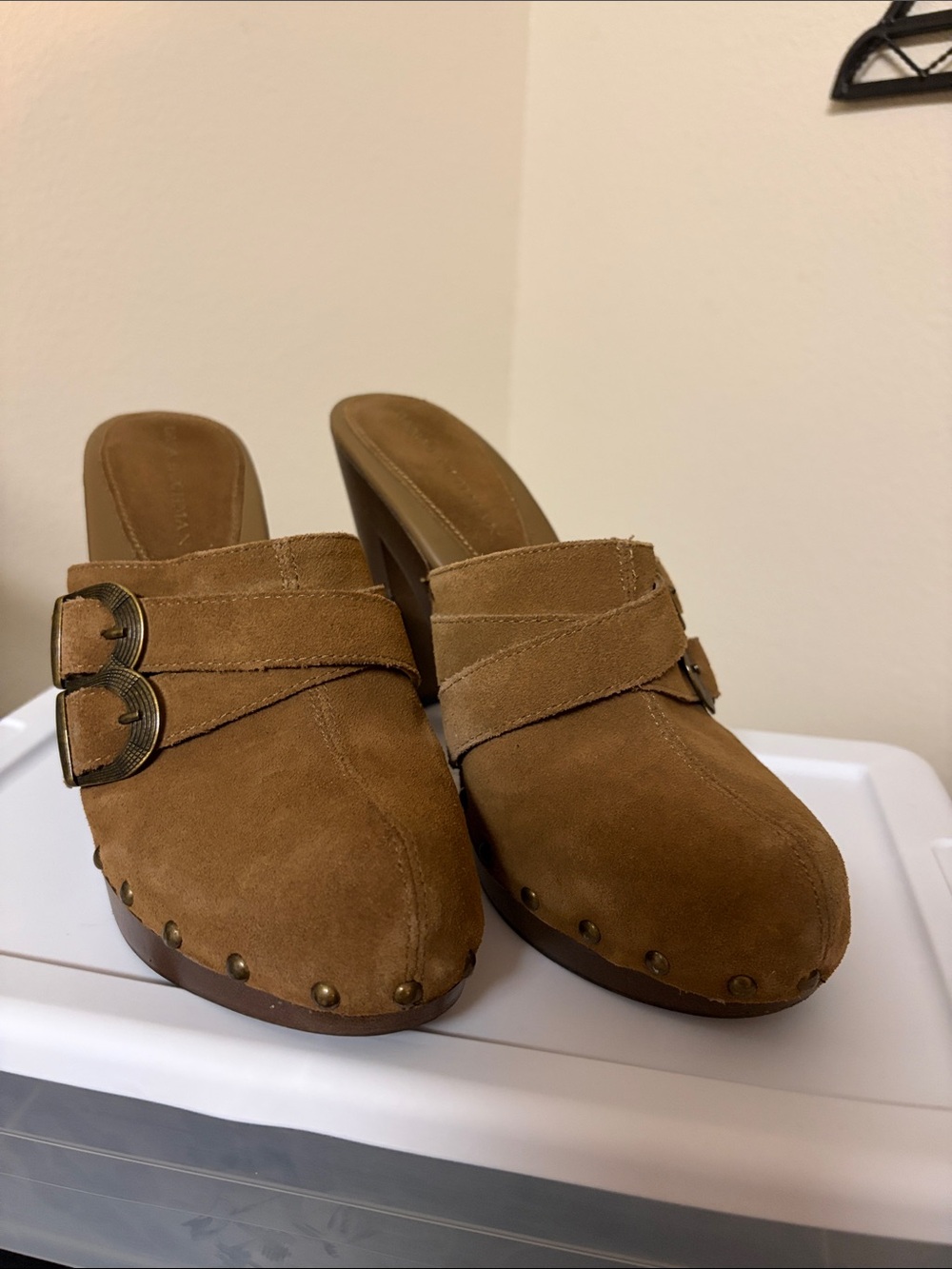 Dana Buchman Tan Suede Buckle Clog Mules